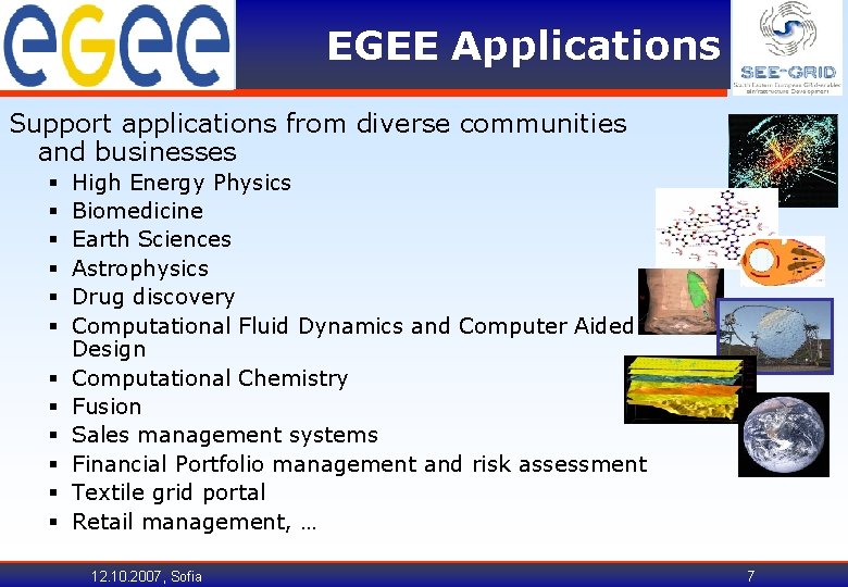 EGEE Applications Support applications from diverse communities and businesses § § § High Energy