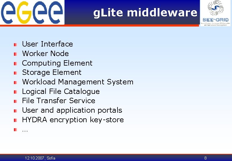 g. Lite middleware User Interface Worker Node Computing Element Storage Element Workload Management System