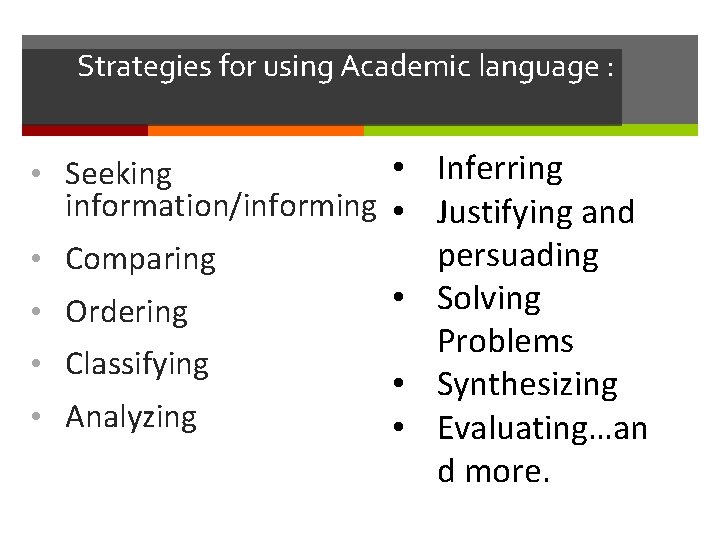 Strategies for using Academic language : • Inferring information/informing • Justifying and persuading Comparing