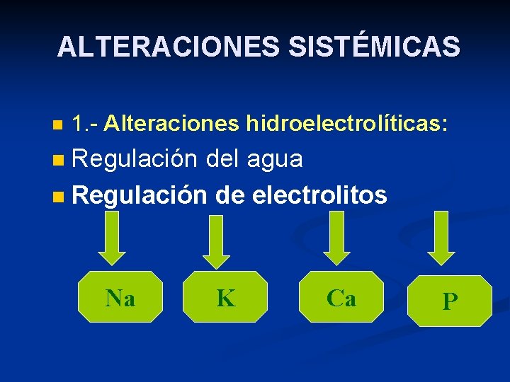 ALTERACIONES SISTÉMICAS n 1. - Alteraciones hidroelectrolíticas: Regulación del agua n Regulación de electrolitos