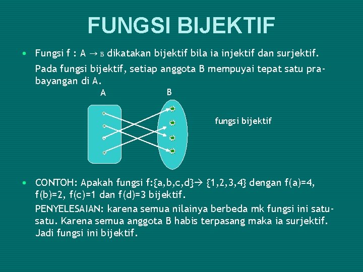 FUNGSI BIJEKTIF • Fungsi f : A → B dikatakan bijektif bila ia injektif