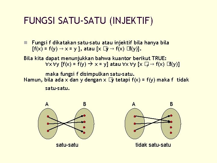 FUNGSI SATU-SATU (INJEKTIF) n Fungsi f dikatakan satu-satu atau injektif bila hanya bila [f(x)