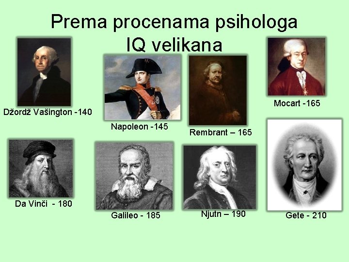 Prema procenama psihologa IQ velikana Mocart -165 Džordž Vašington -140 Napoleon -145 Rembrant –