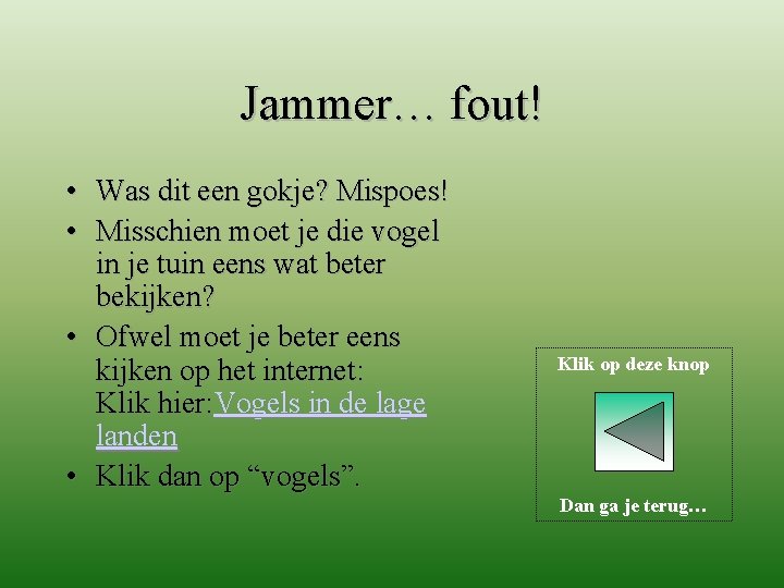 Jammer… fout! • Was dit een gokje? Mispoes! • Misschien moet je die vogel