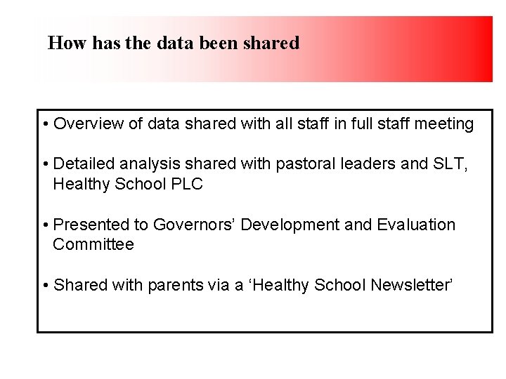 How has the data been shared • Overview of data shared with all staff