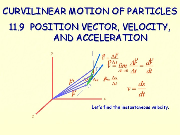 CURVILINEAR MOTION OF PARTICLES 11. 9 POSITION VECTOR, VELOCITY, AND ACCELERATION y P’ P CURVILINEAR MOTION OF PARTICLES 11. 9 POSITION VECTOR, VELOCITY, AND ACCELERATION y P’ P