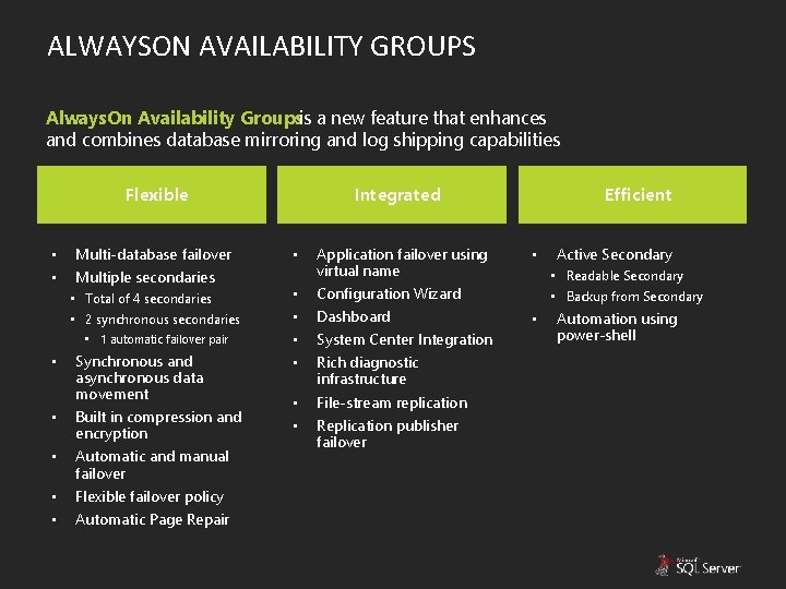 ALWAYSON AVAILABILITY GROUPS Always. On Availability Groupsis a new feature that enhances and combines
