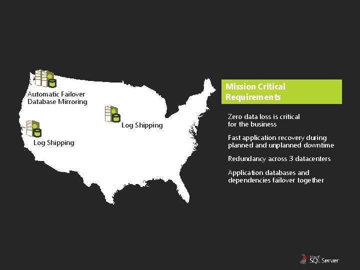 Mission Critical Requirements Automatic Failover Database Mirroring Log Shipping Zero data loss is critical