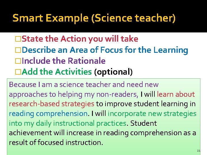 Smart Example (Science teacher) �State the Action you will take �Describe an Area of