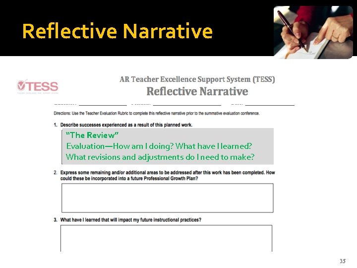 Reflective Narrative “The Review” Evaluation—How am I doing? What have I learned? What revisions