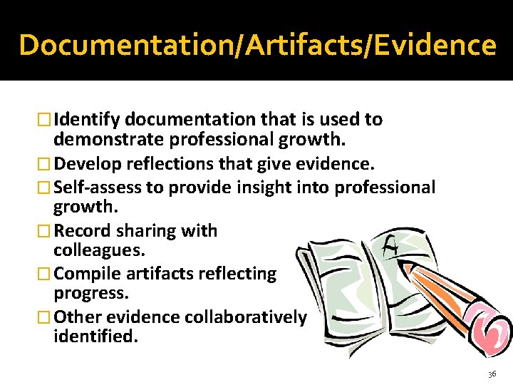 Documentation/Artifacts/Evidence � Identify documentation that is used to demonstrate professional growth. � Develop reflections