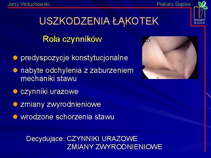 Jerzy Widuchowski Piekary Śląskie USZKODZENIA ŁĄKOTEK Rola czynników l predyspozycje konstytucjonalne l nabyte odchylenia