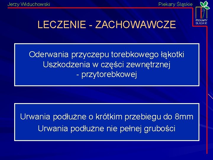 Jerzy Widuchowski Piekary Śląskie LECZENIE - ZACHOWAWCZE Oderwania przyczepu torebkowego łąkotki Uszkodzenia w części