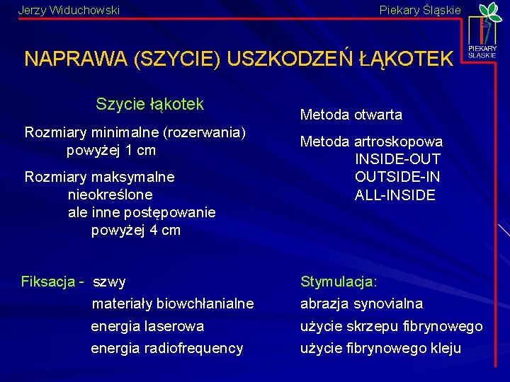Jerzy Widuchowski Piekary Śląskie NAPRAWA (SZYCIE) USZKODZEŃ ŁĄKOTEK Szycie łąkotek Rozmiary minimalne (rozerwania) powyżej