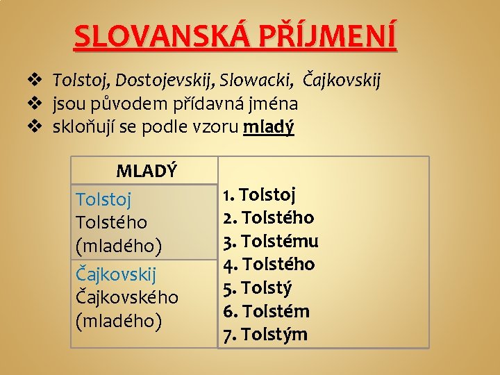 SLOVANSKÁ PŘÍJMENÍ v Tolstoj, Dostojevskij, Slowacki, Čajkovskij v jsou původem přídavná jména v skloňují