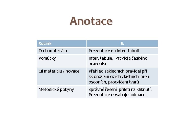 Anotace Ročník 8. Druh materiálu Prezentace na inter. tabuli Pomůcky Inter. tabule, Pravidla českého