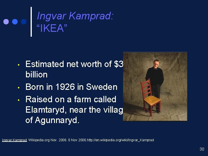 Ingvar Kamprad: “IKEA” • • • Estimated net worth of $36 billion Born in