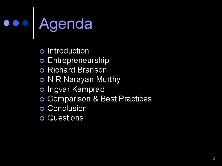 Agenda ¢ ¢ ¢ ¢ Introduction Entrepreneurship Richard Branson N R Narayan Murthy Ingvar