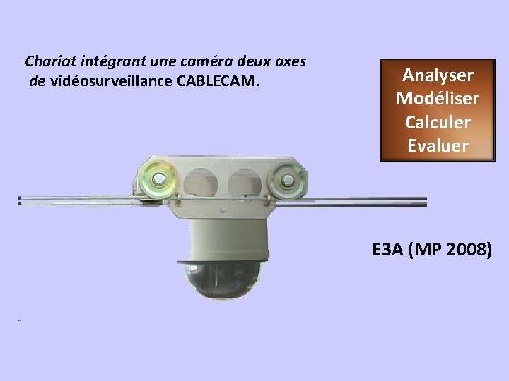 Chariot intégrant une caméra deux axes de vidéosurveillance CABLECAM. Analyser Modéliser Calculer Evaluer E