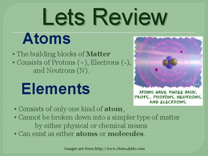 Lets Review Atoms • The building blocks of Matter • Consists of Protons (+),