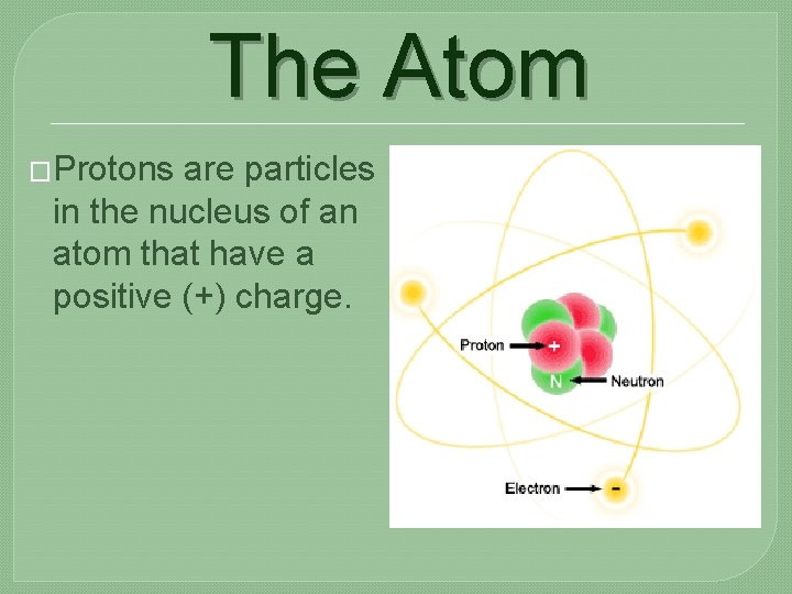 The Atom �Protons are particles in the nucleus of an atom that have a