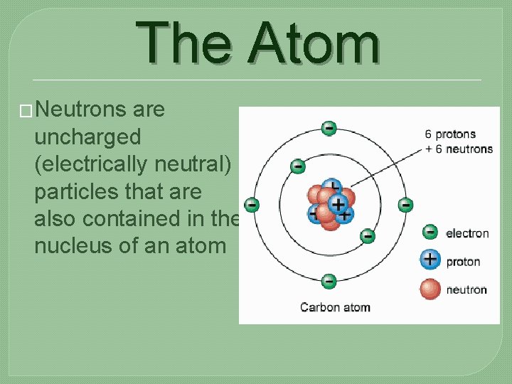 The Atom �Neutrons are uncharged (electrically neutral) particles that are also contained in the