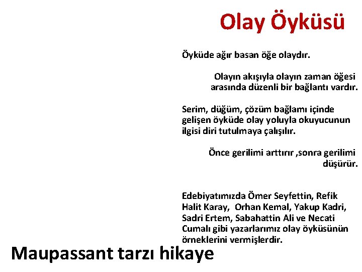 Olay Öyküsü Öyküde ağır basan öğe olaydır. Olayın akışıyla olayın zaman öğesi arasında düzenli