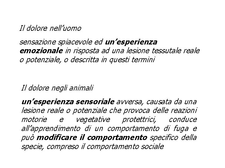 Il dolore nell’uomo sensazione spiacevole ed un’esperienza emozionale in risposta ad una lesione tessutale Il dolore nell’uomo sensazione spiacevole ed un’esperienza emozionale in risposta ad una lesione tessutale