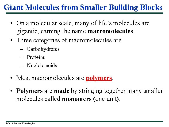 Giant Molecules from Smaller Building Blocks • On a molecular scale, many of life’s