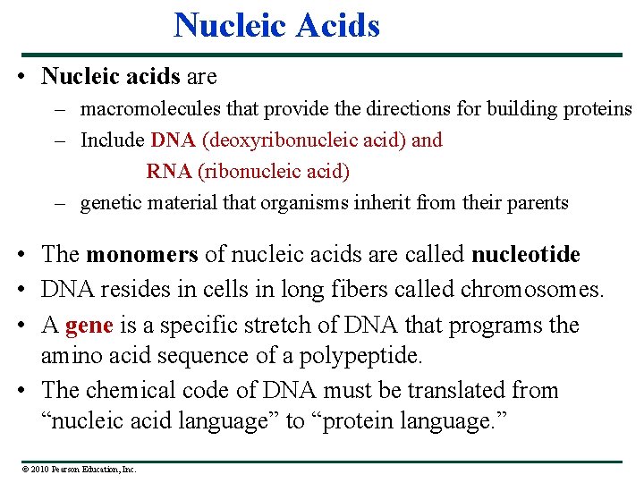 Nucleic Acids • Nucleic acids are – macromolecules that provide the directions for building
