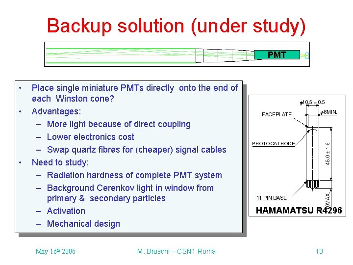Backup solution (under study) PMT • • • Place single miniature PMTs directly onto Backup solution (under study) PMT • • • Place single miniature PMTs directly onto