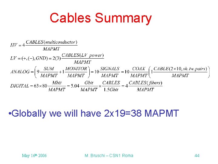 Cables Summary • Globally we will have 2 x 19=38 MAPMT May 16 th Cables Summary • Globally we will have 2 x 19=38 MAPMT May 16 th