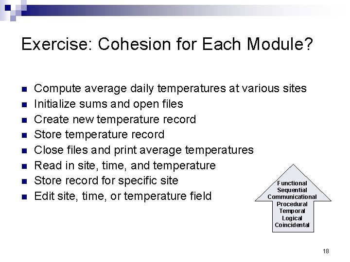 Exercise: Cohesion for Each Module? n n n n Compute average daily temperatures at