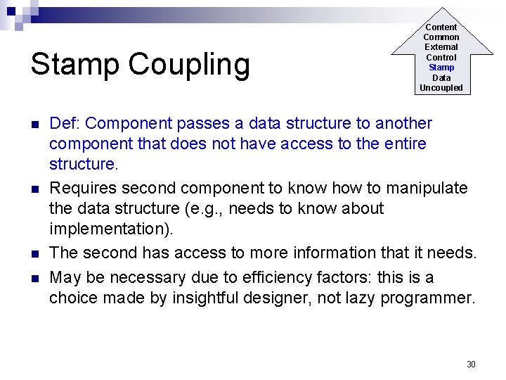 Stamp Coupling n n Content Common External Control Stamp Data Uncoupled Def: Component passes
