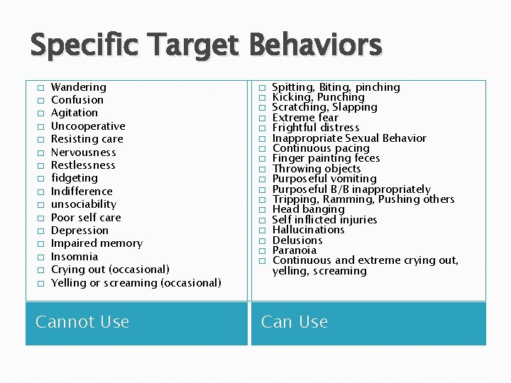 Specific Target Behaviors � � � � Wandering Confusion Agitation Uncooperative Resisting care Nervousness