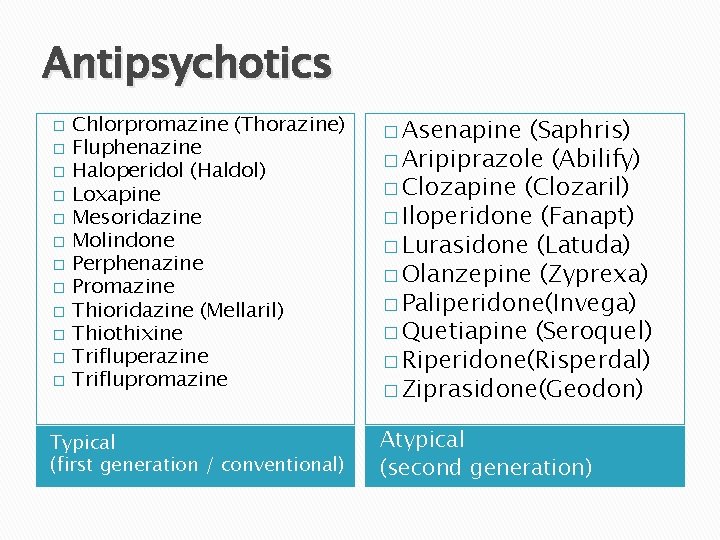 Antipsychotics � � � Chlorpromazine (Thorazine) Fluphenazine Haloperidol (Haldol) Loxapine Mesoridazine Molindone Perphenazine Promazine