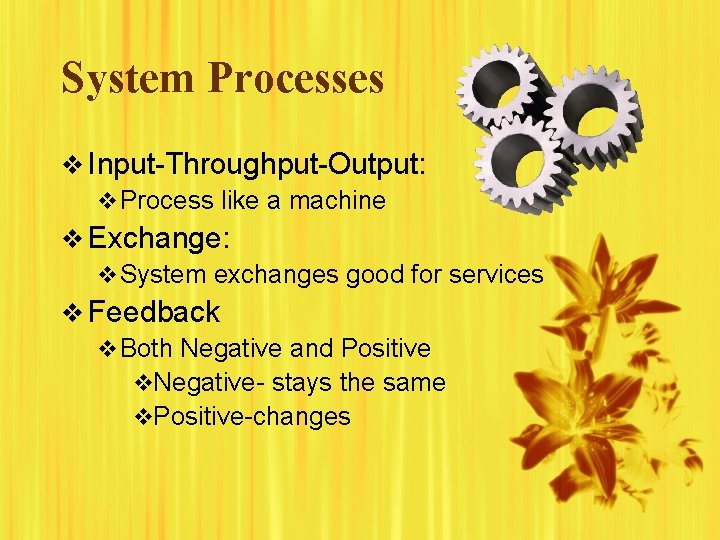 System Processes v Input-Throughput-Output: v Process like a machine v Exchange: v System exchanges System Processes v Input-Throughput-Output: v Process like a machine v Exchange: v System exchanges