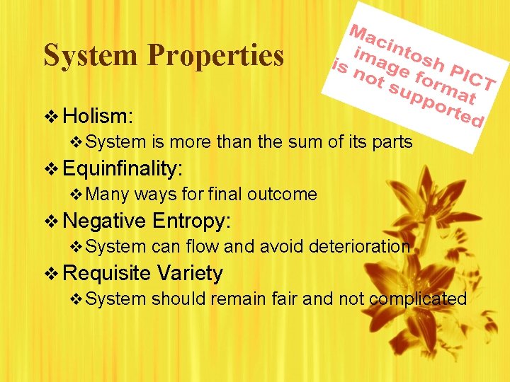 System Properties v Holism: v System is more than the sum of its parts System Properties v Holism: v System is more than the sum of its parts