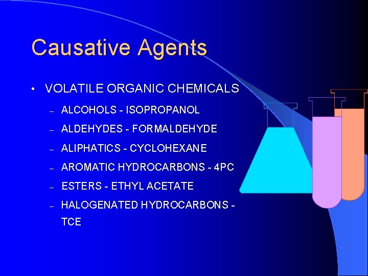 Causative Agents • VOLATILE ORGANIC CHEMICALS – ALCOHOLS - ISOPROPANOL – ALDEHYDES - FORMALDEHYDE