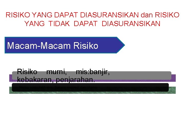 RISIKO YANG DAPAT DIASURANSIKAN dan RISIKO YANG TIDAK DAPAT DIASURANSIKAN Macam-Macam Risiko murni, mis: