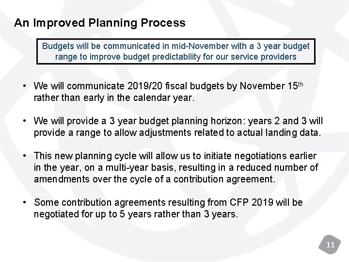 An Improved Planning Process Budgets will be communicated in mid-November with a 3 year