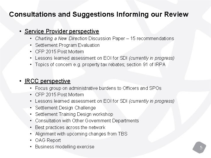 Consultations and Suggestions Informing our Review • Service Provider perspective • • • Charting