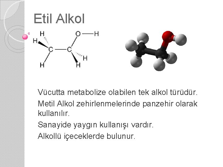 Etil Alkol Vücutta metabolize olabilen tek alkol türüdür. Metil Alkol zehirlenmelerinde panzehir olarak kullanılır.