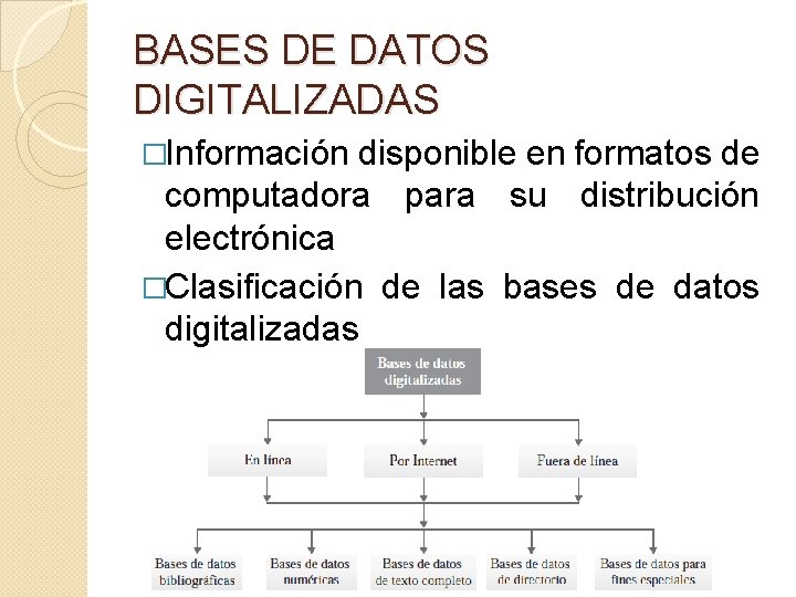 BASES DE DATOS DIGITALIZADAS �Información disponible en formatos de computadora para su distribución electrónica