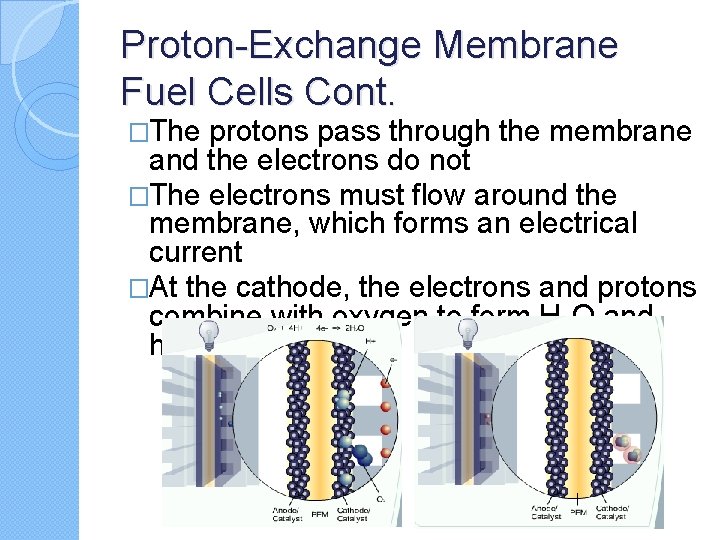Proton-Exchange Membrane Fuel Cells Cont. �The protons pass through the membrane and the electrons