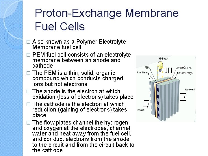 Proton-Exchange Membrane Fuel Cells Also known as a Polymer Electrolyte Membrane fuel cell �