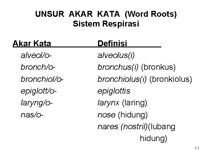 UNSUR AKAR KATA (Word Roots) Sistem Respirasi Akar Kata alveol/obronchiol/oepiglott/olaryng/onas/o- Definisi alveolus(i) bronchus(i) (bronkus)