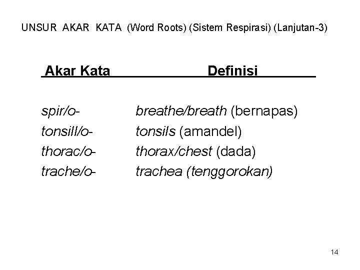 UNSUR AKAR KATA (Word Roots) (Sistem Respirasi) (Lanjutan-3) Akar Kata spir/otonsill/othorac/otrache/o- Definisi breathe/breath (bernapas)