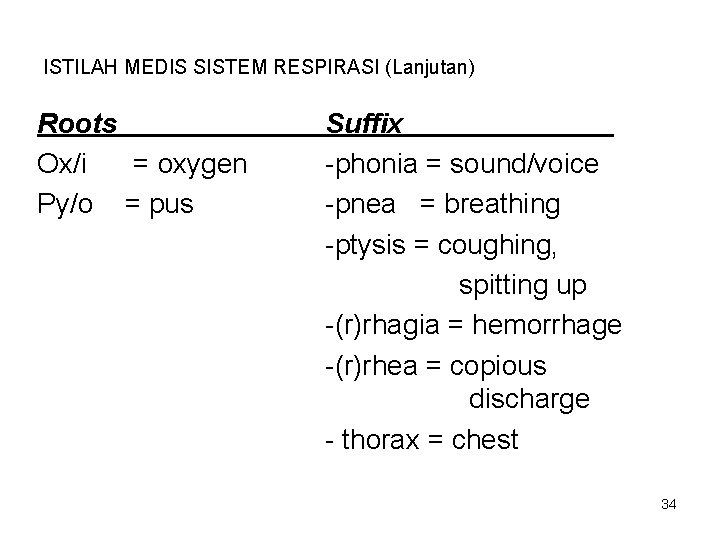 ISTILAH MEDIS SISTEM RESPIRASI (Lanjutan) Roots Ox/i = oxygen Py/o = pus Suffix -phonia