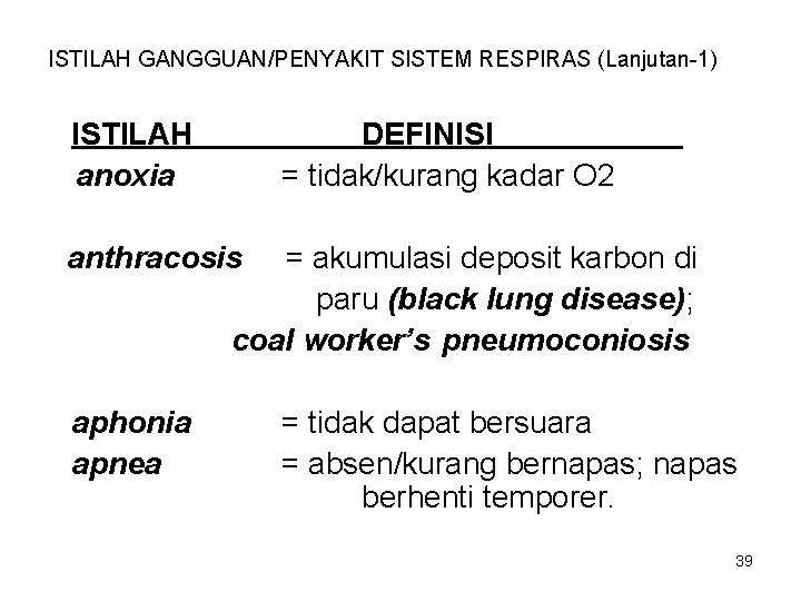 ISTILAH GANGGUAN/PENYAKIT SISTEM RESPIRAS (Lanjutan-1) ISTILAH anoxia DEFINISI = tidak/kurang kadar O 2 anthracosis